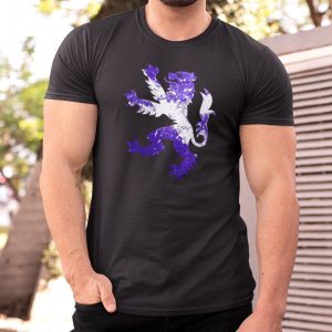 The Rampant Lion Tee featuring a bold blue and white lion graphic in Black and 100% cotton