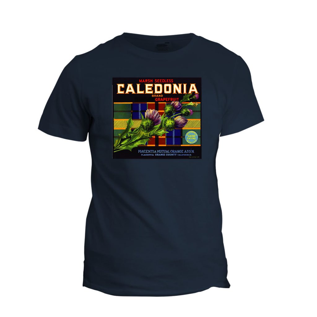The Caledonia Grapefruit Tee featuring a vintage citrus packing label in Navy and 100% cotton