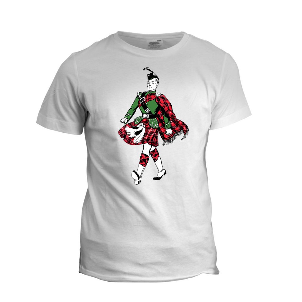 The Jaunty Highlander Tee featuring a Scottish lad in his kit and kilt in Ash and 100% cotton
