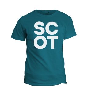 The SCOT Tee close up featuring a modernist Scottish word mark in Galapagos and 100% cotton