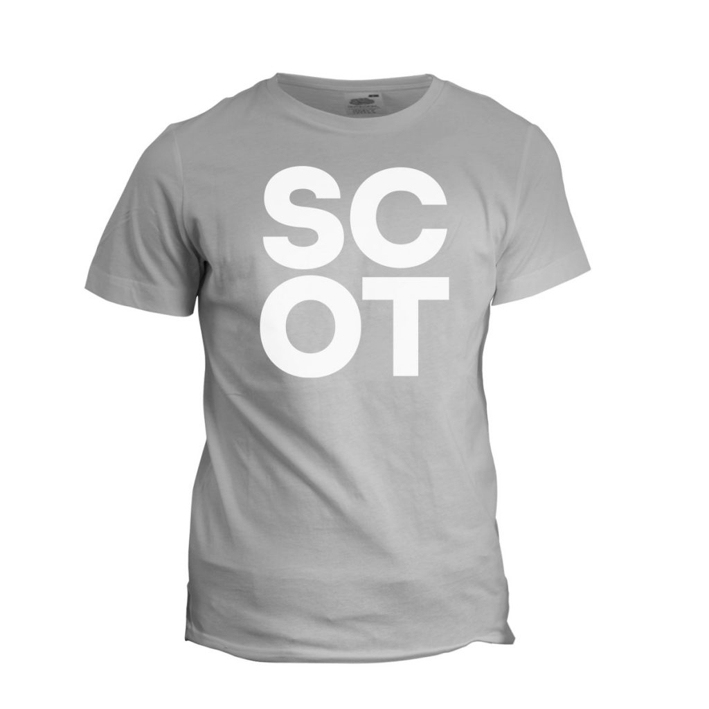 The SCOT Tee featuring a modernist Scottish word mark in Sport Grey and 100% cotton