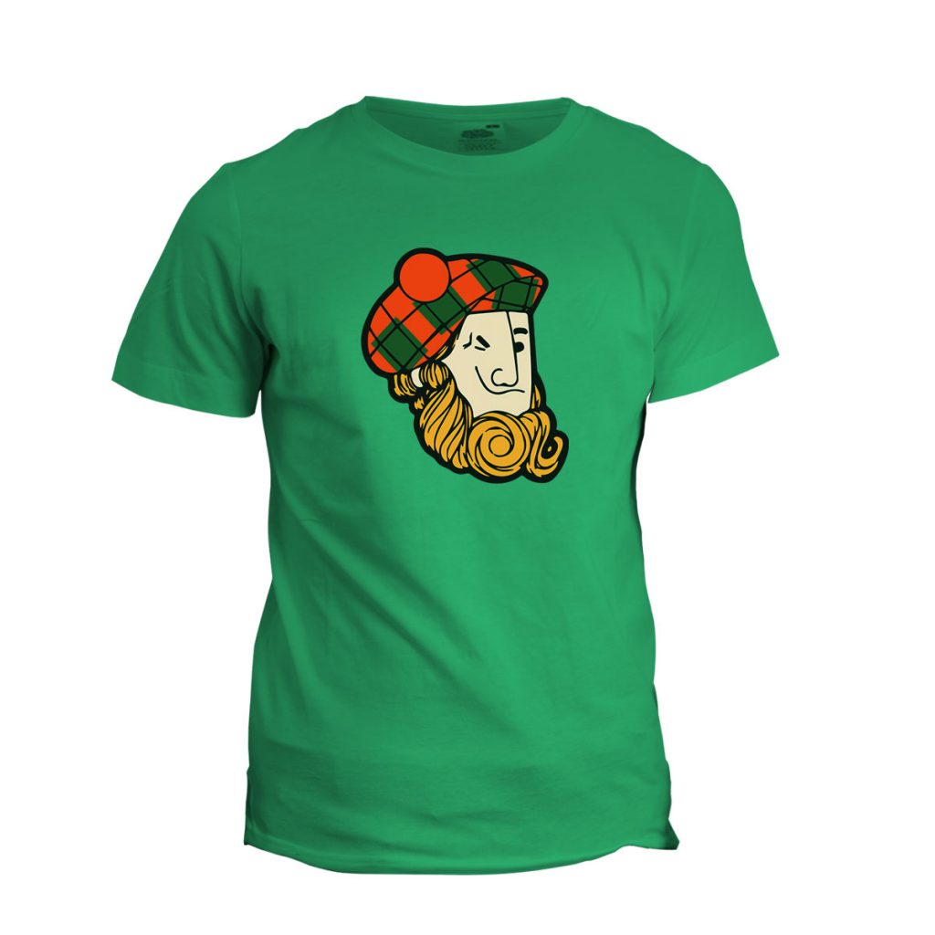 The Scotty Lad Tee featuring a bonnie Scottish lad in his tam in Irish Green and 100% cotton