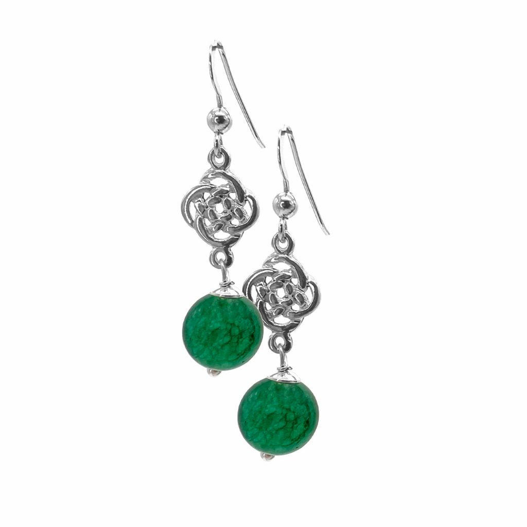 Celtic Knot Earrings with Green Onyx Beads by County Argyle hand-cast in sterling silver