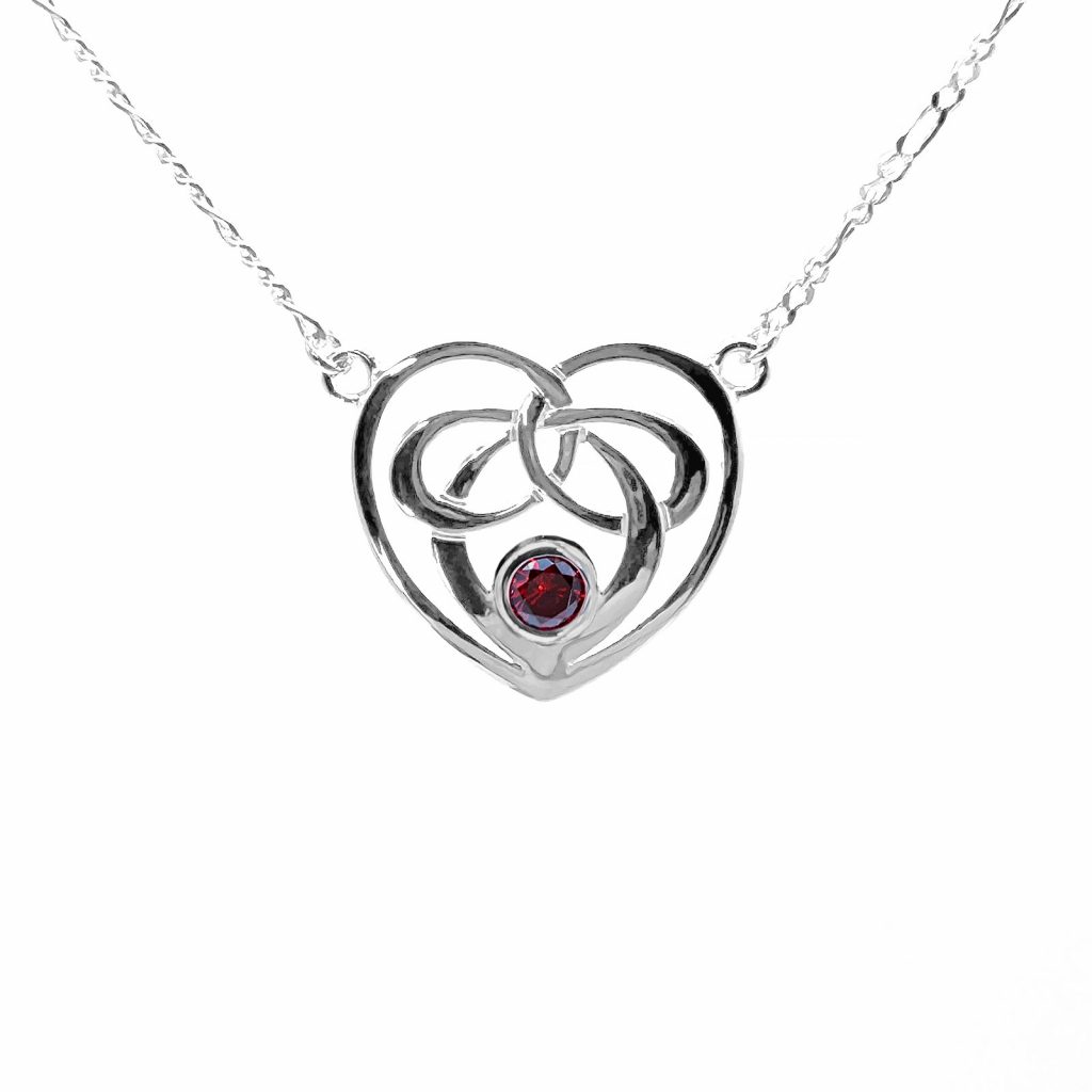 The Celtic Heart Pendant with Stone (Red) by County Argyle hand-cast in sterling silver