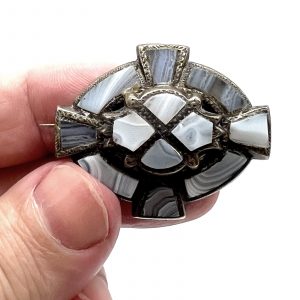 Antique Sterling & Blue Lace Agate St. Andrews Cross Pin — 1.75” x 1.5” $135