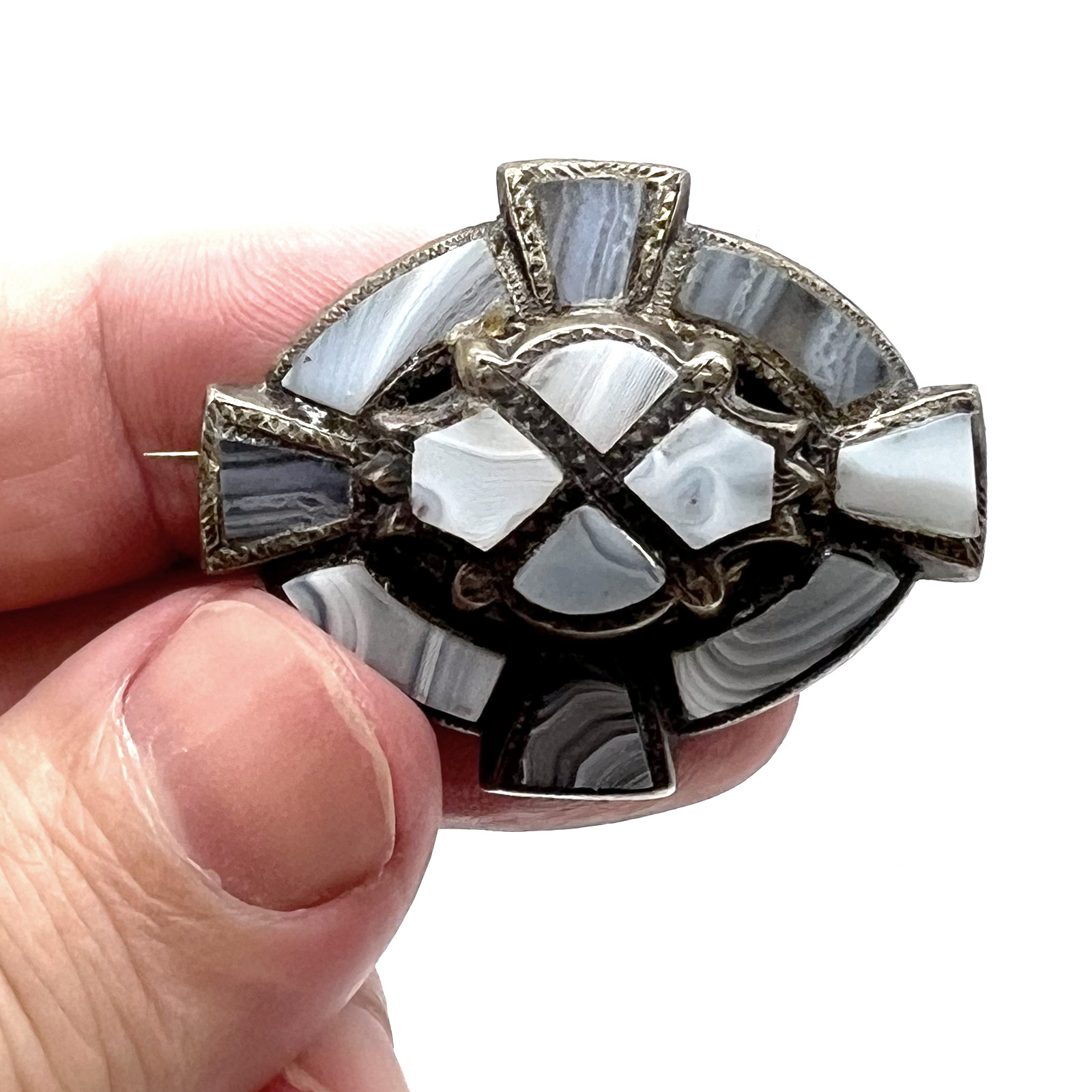 Antique Sterling & Blue Lace Agate St. Andrews Cross Pin — 1.75” x 1.5” $135